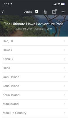 AXUS travel app destination guide screen